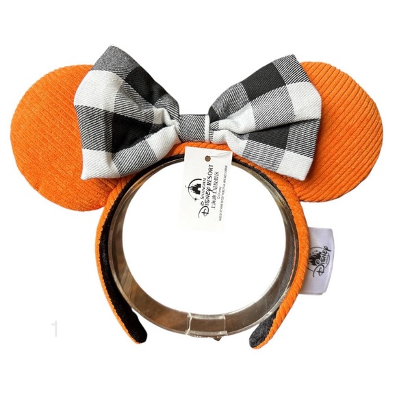 Disney Accessories - Disney Minnie Mouse Orange Corduroy Black White Plaid Ears Headband Fall NWT